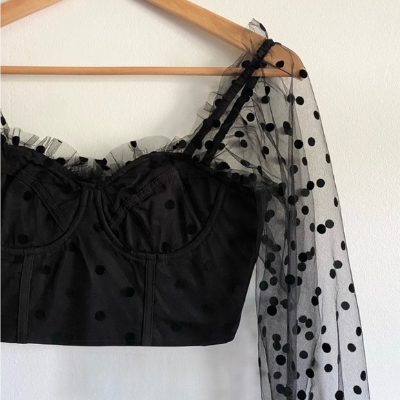 RNWY Sheer Polka Dot Crop Bustier Corset back zip Top | Chloe in Black Spot - Picture 4 of 11